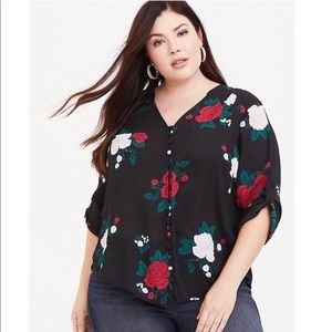 Torrid Black Floral Blouse with Red and White Accents